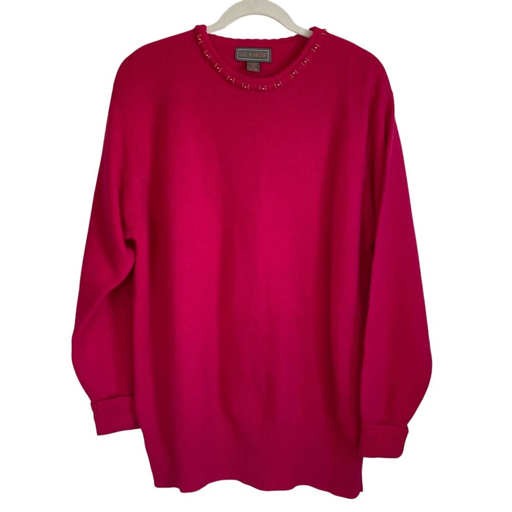 Vintage Lambswool Angora Sweater Sz 2X Pink Beaded Neck Pullover Cozy Plus Size
